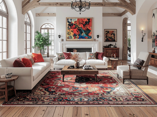 A beautifully designed living room featuring elegant white sofas accented with vibrant red pillows, complemented by a striking Persian rug. Large arched windows flood the space with natural light, highlighting the colorful abstract art and wooden beams overhead, creating a warm and inviting atmosphere.