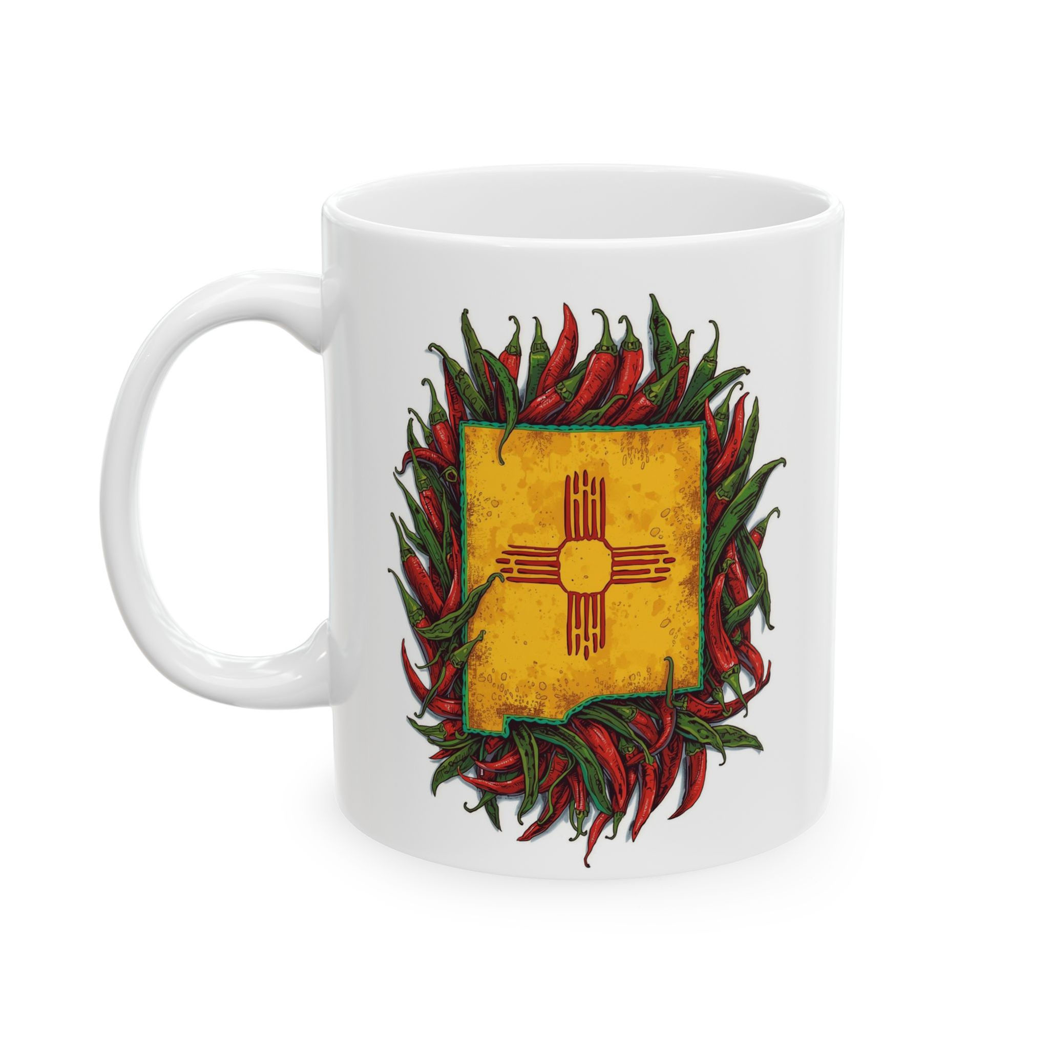 Ceramic Coffee Mug with New Mexico State Zia Symbol and Chile Peppers