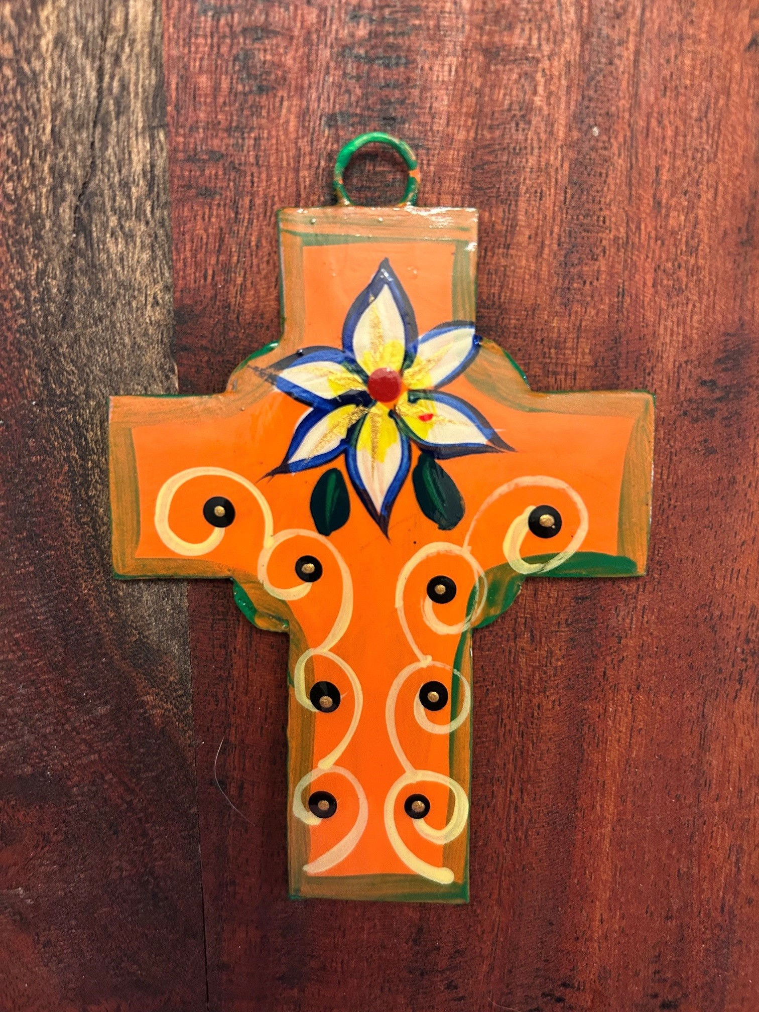 Hand-Painted Double-Sided Tin Cross Ornament 31809