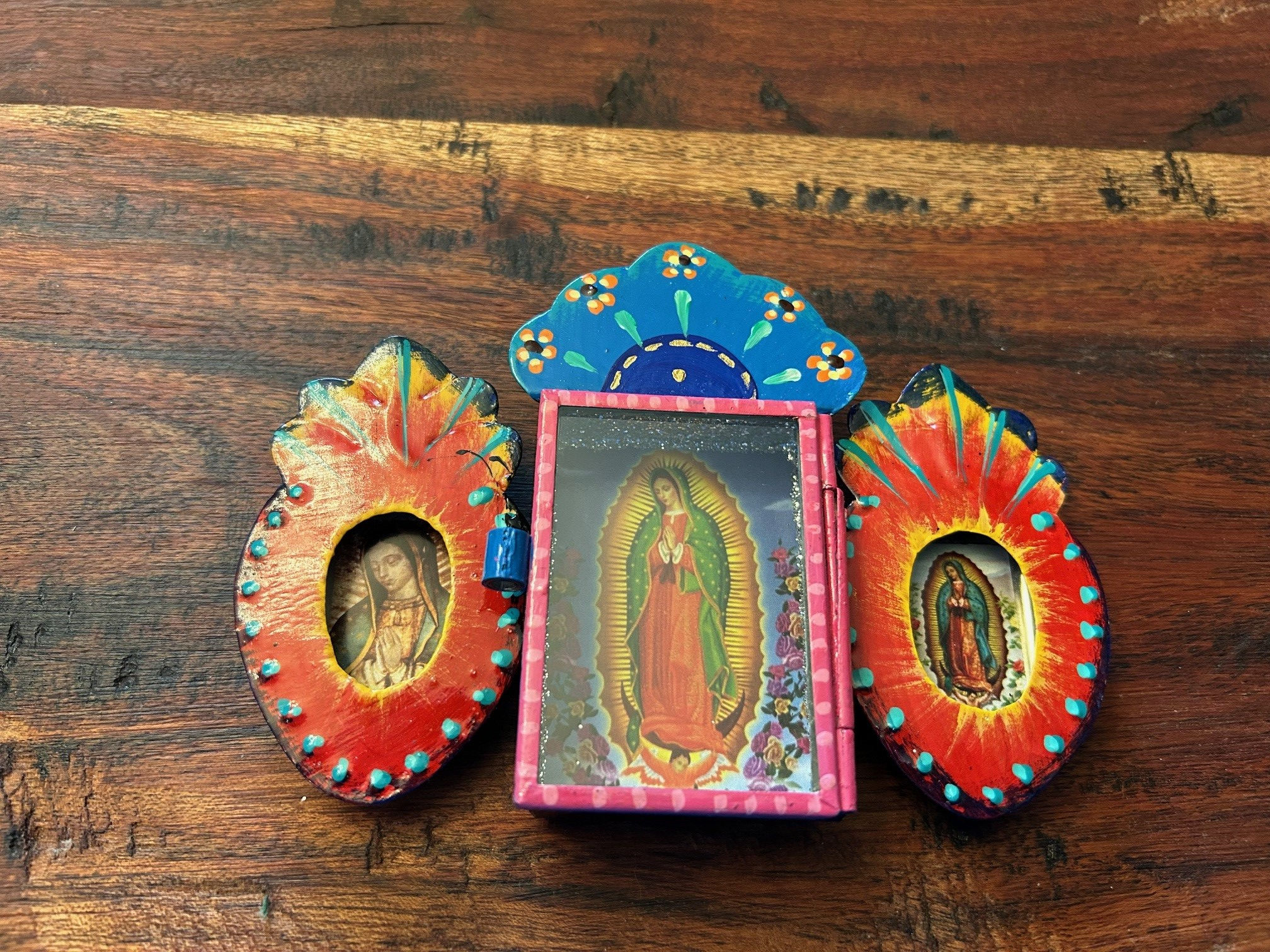 Hand-Painted Tin Triptych Nicho with Our Lady of Guadalupe – 31633