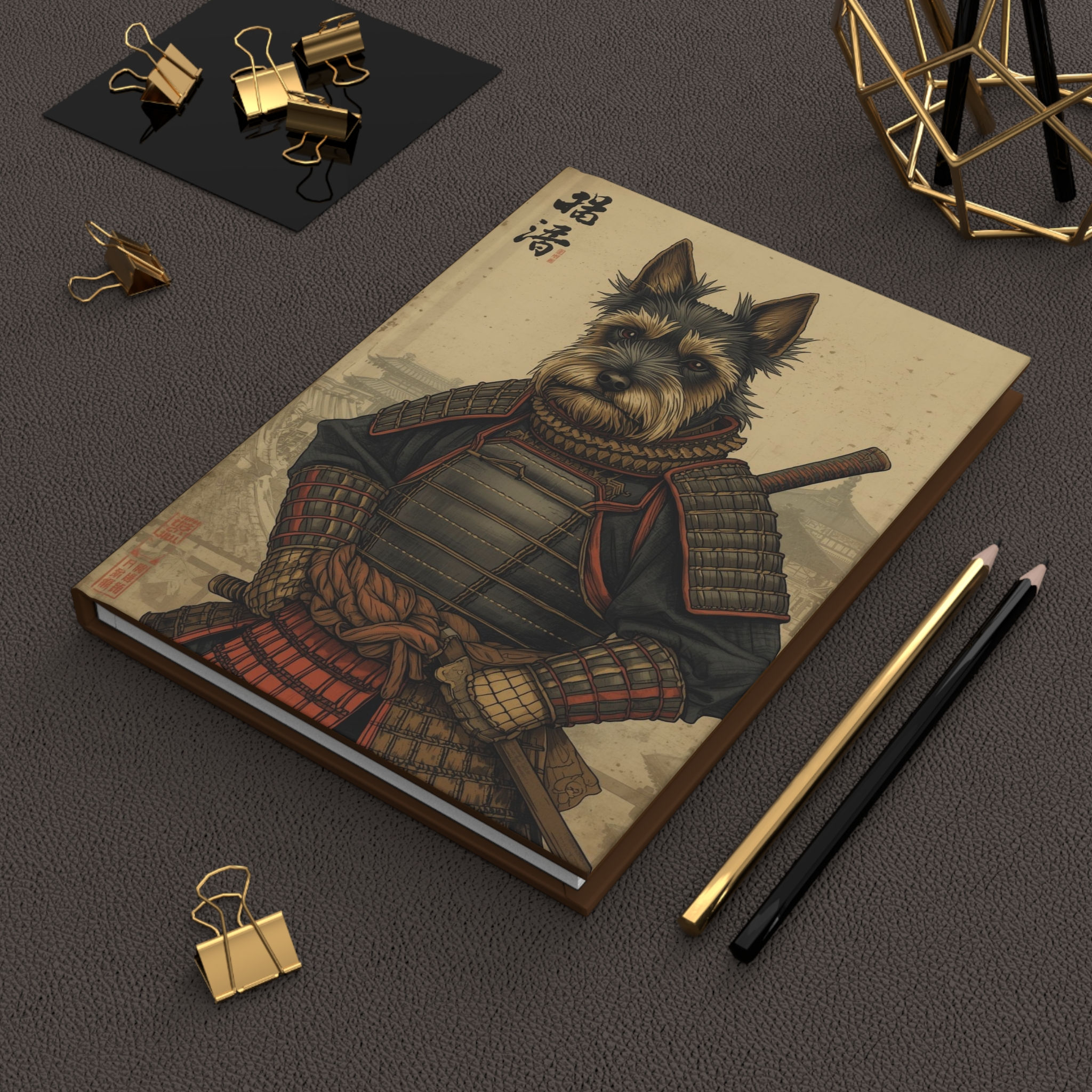 Hardcover Journal Notebook Diary with Japanese Samurai Scottish Terrier Dog