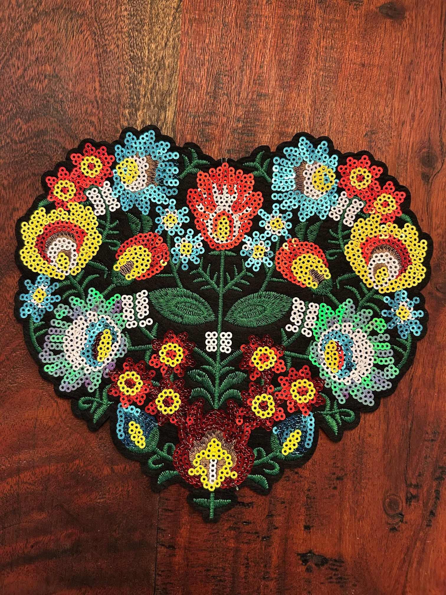 Embroidered and Sequined Patch Applique Emblem of Heart with Flowers 31850