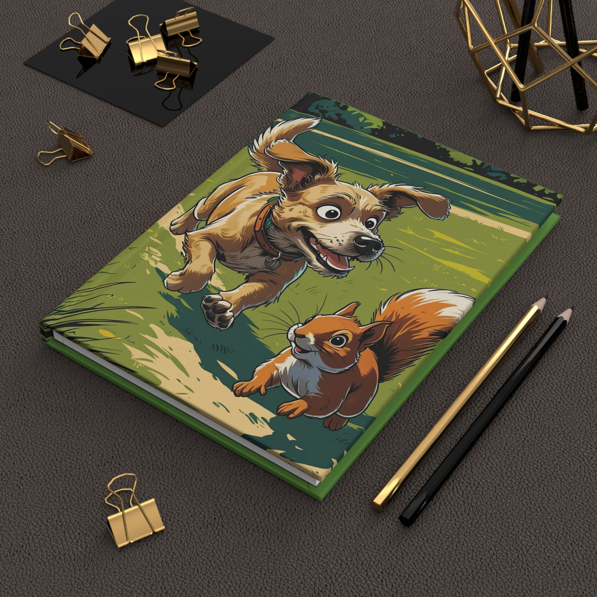 Hardcover Journal Notebook Diary with a Happy Dog and SQUIRREL!