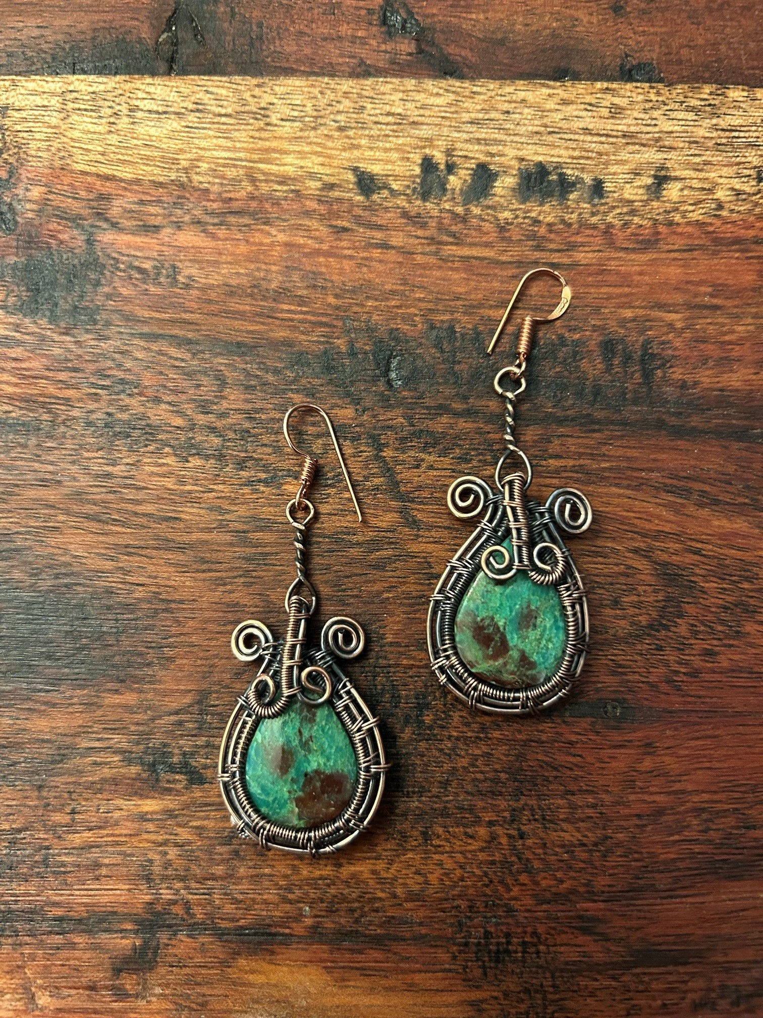 Hand-Wrapped Copper and Ruby Fuchsite Earrings, Wires 31884