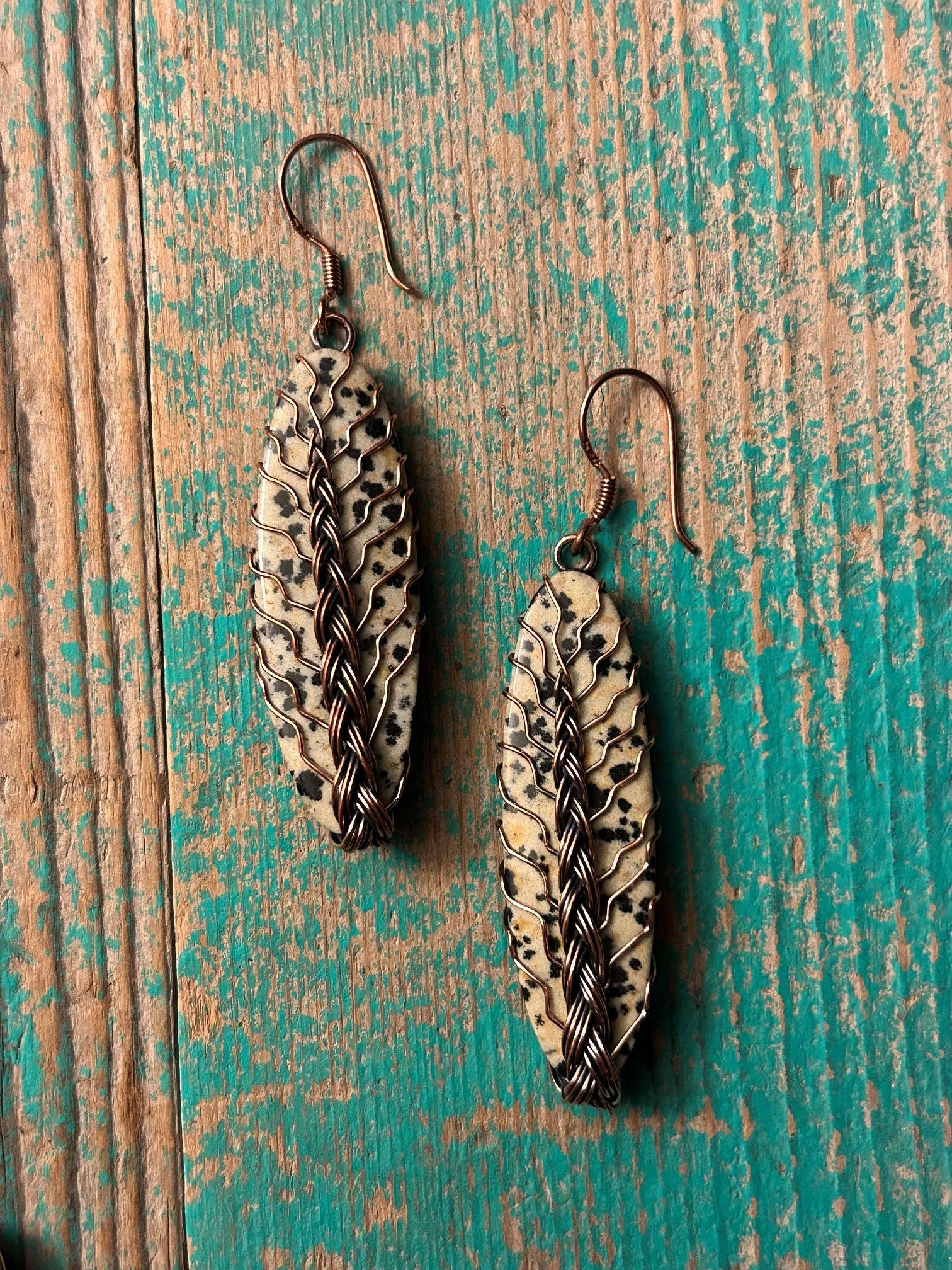 Hand-Crafted Copper Wire-Wrapped Earrings with Dalmatian Jasper 31969