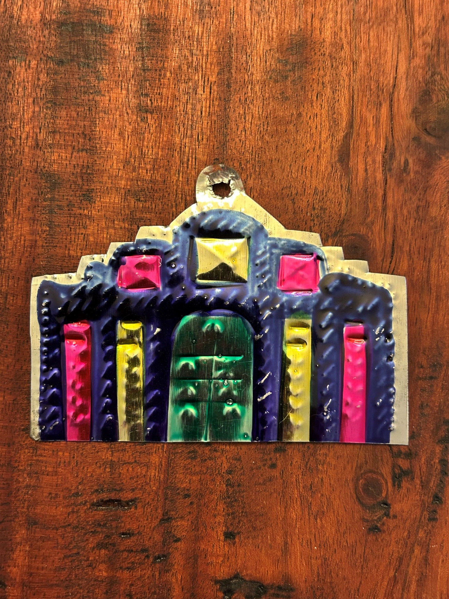 Folk Art Tin Mission/Church Ornament in Bright Colors 32283