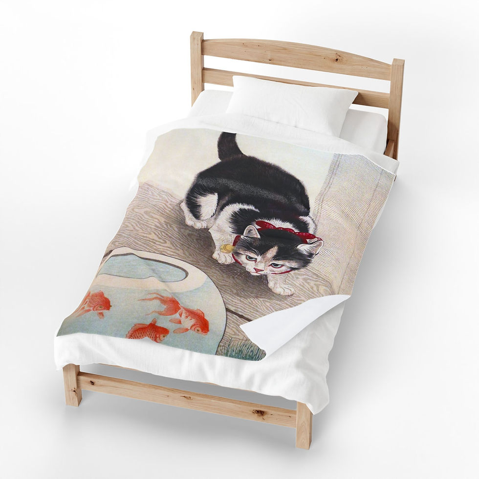 Thumbnail: Velveteen Plush Blanket with Ohara Koson's Woodblock Print of "Cat and Goldfish"