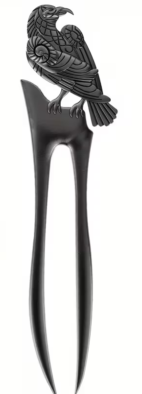 Thumbnail: Long Hair Metal Hair Pick or Stick in a Black Raven Design 31556
