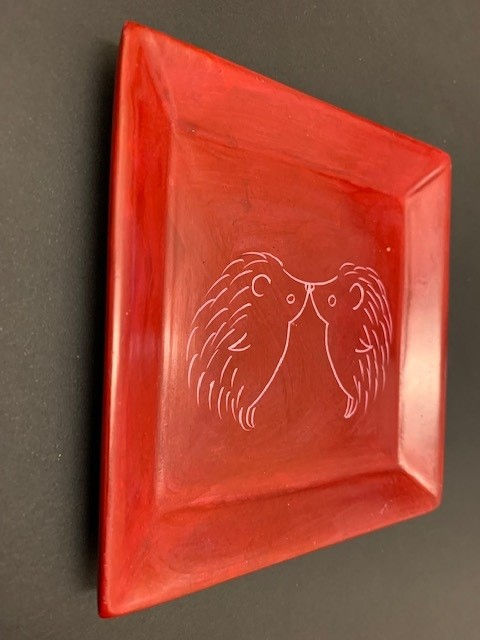 Thumbnail: Hand-Carved Red Kenyan Soapstone Dish with Hedgehogs in Love 27826