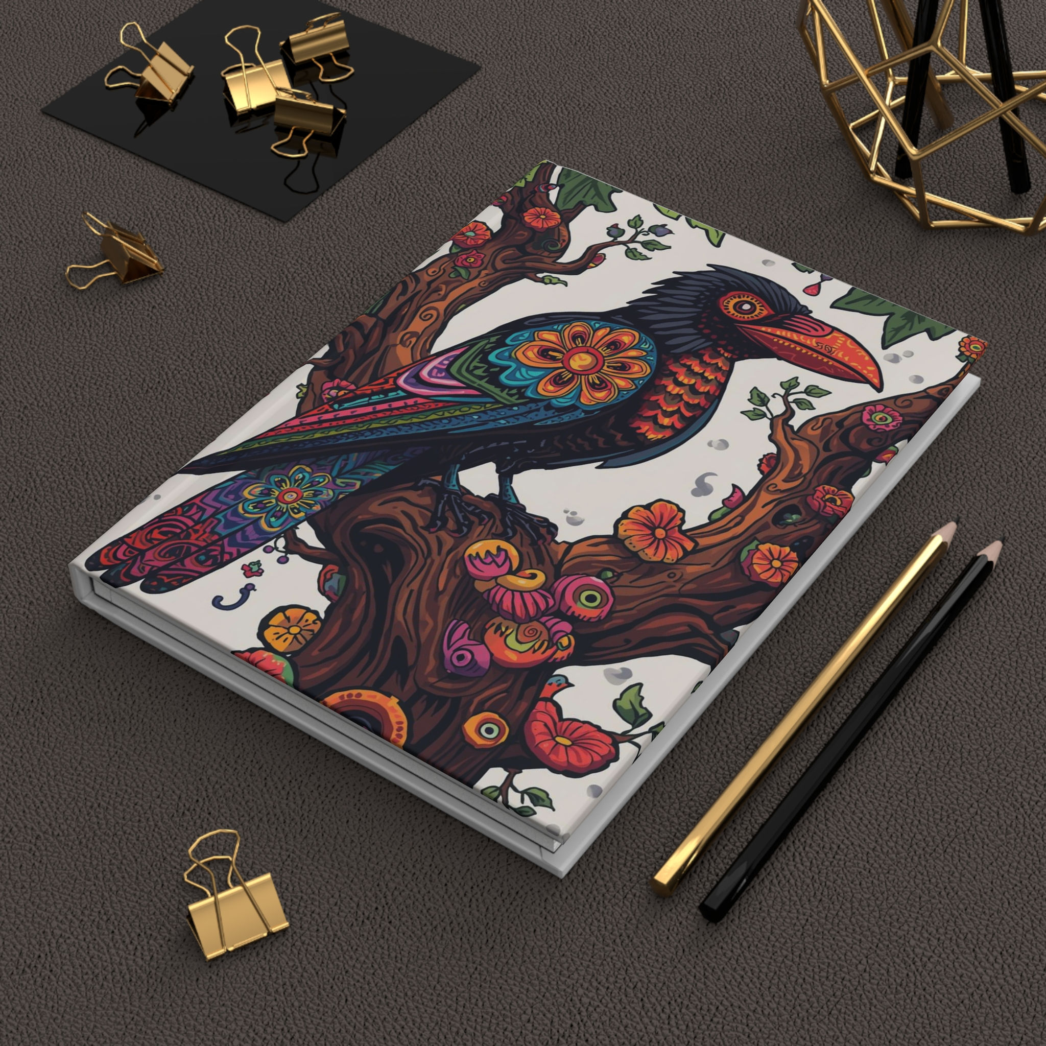 Hardcover Journal Notebook with Mexican Alebrije-Style Raven Art