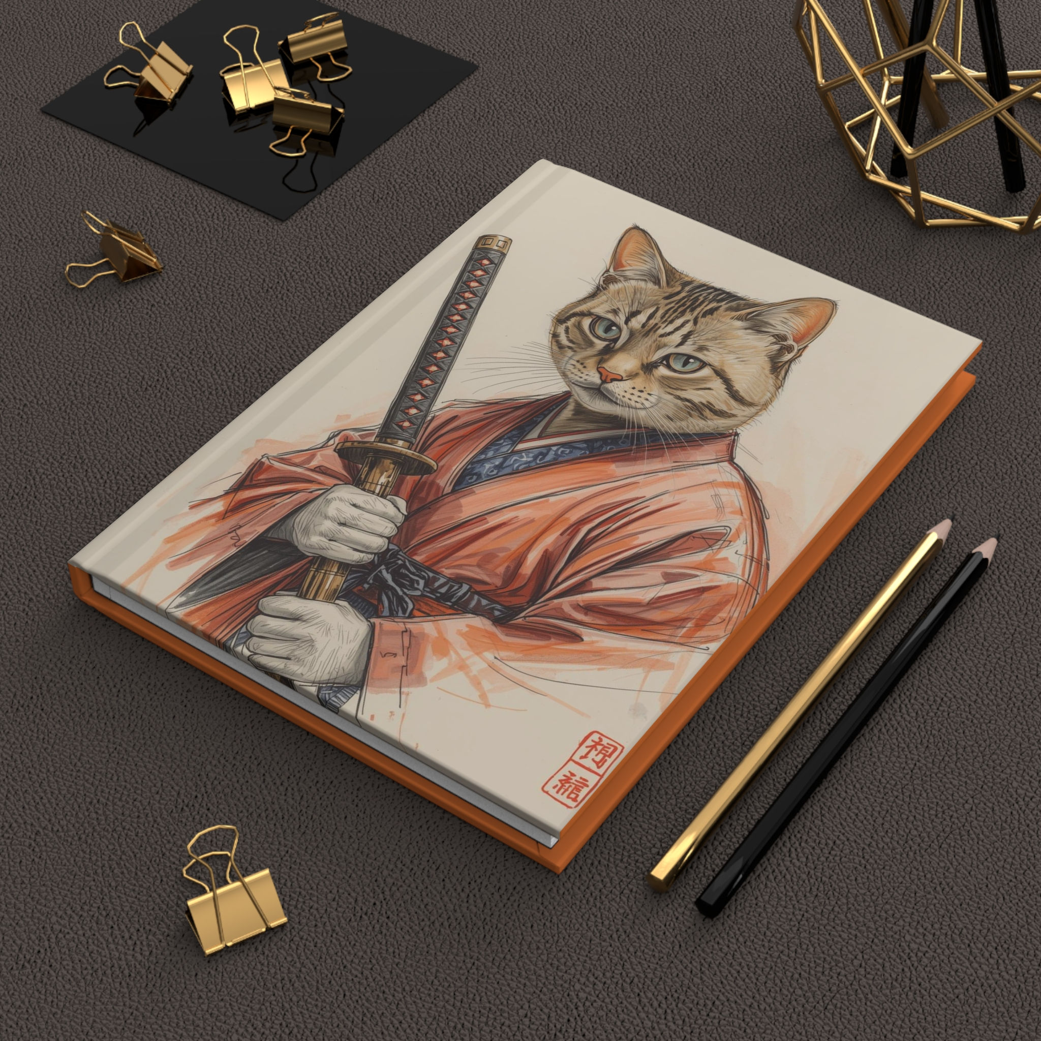 Hardcover Journal Notebook Diary with Japanese Samurai Brown Tabby Cat