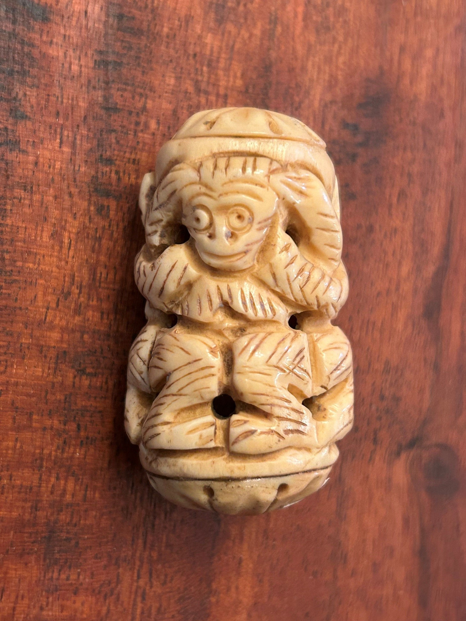 XXL Vintage Carved Bone Bead Pendant with “See No Evil, Hear No Evil, Speak No E