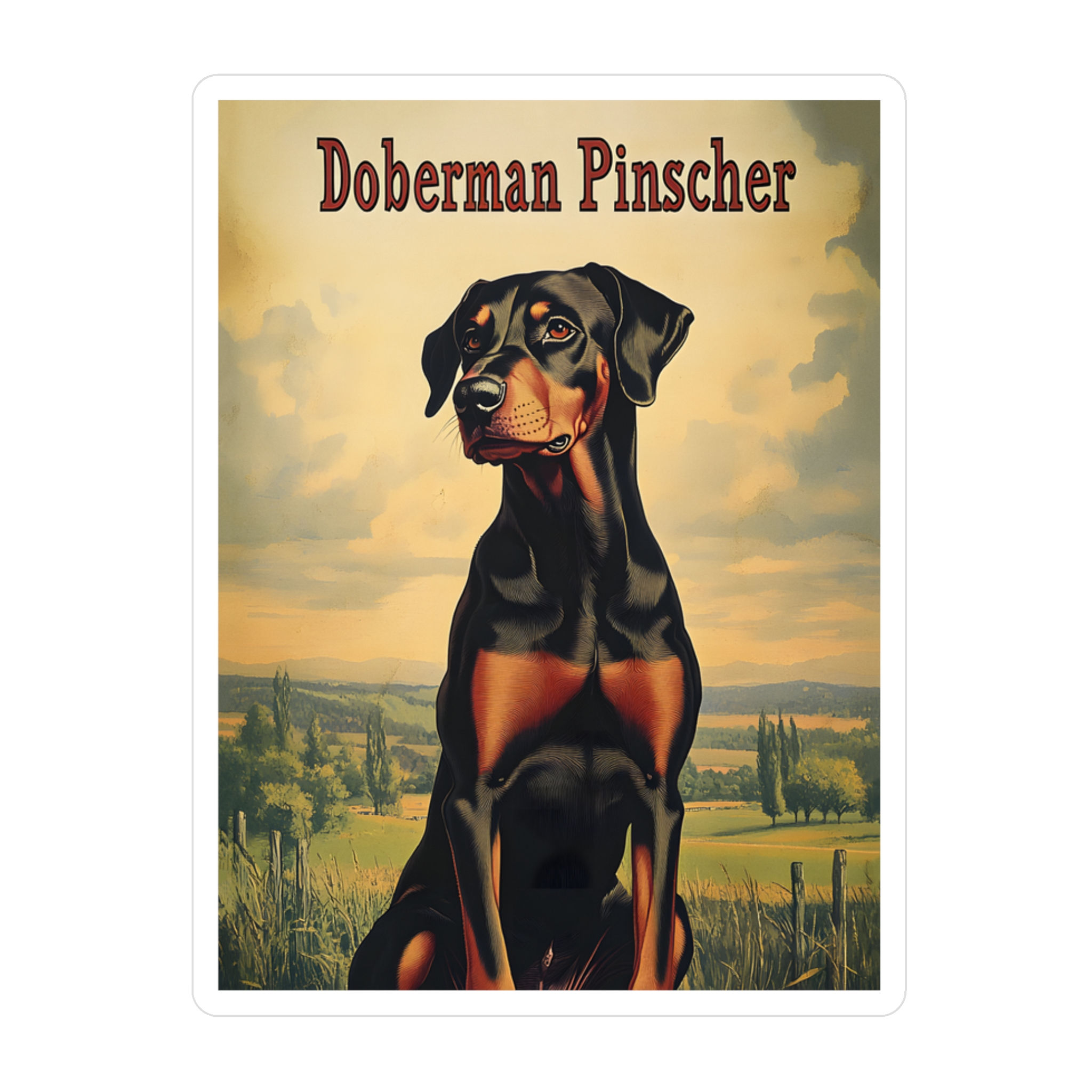 Vinyl Decal With Vintage Look Art of Doberman Pinscher Dog