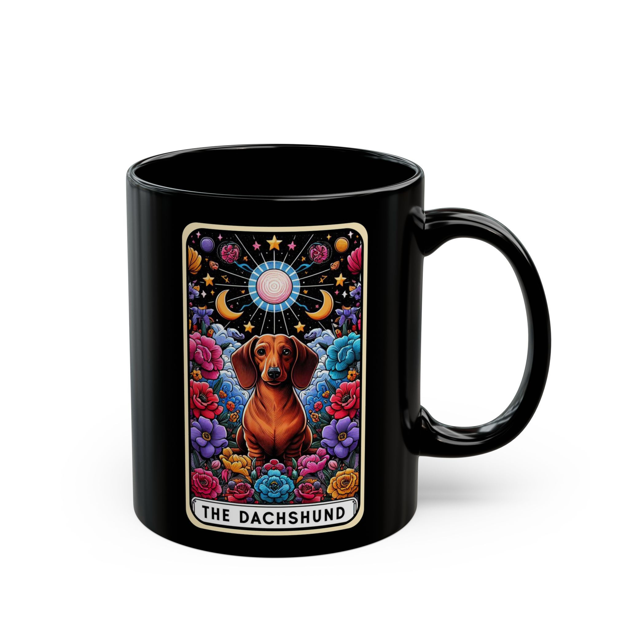 Colorful Dachshund Dog Mug, Tarot Art-Inspired, Black Ceramic 11 Ounce