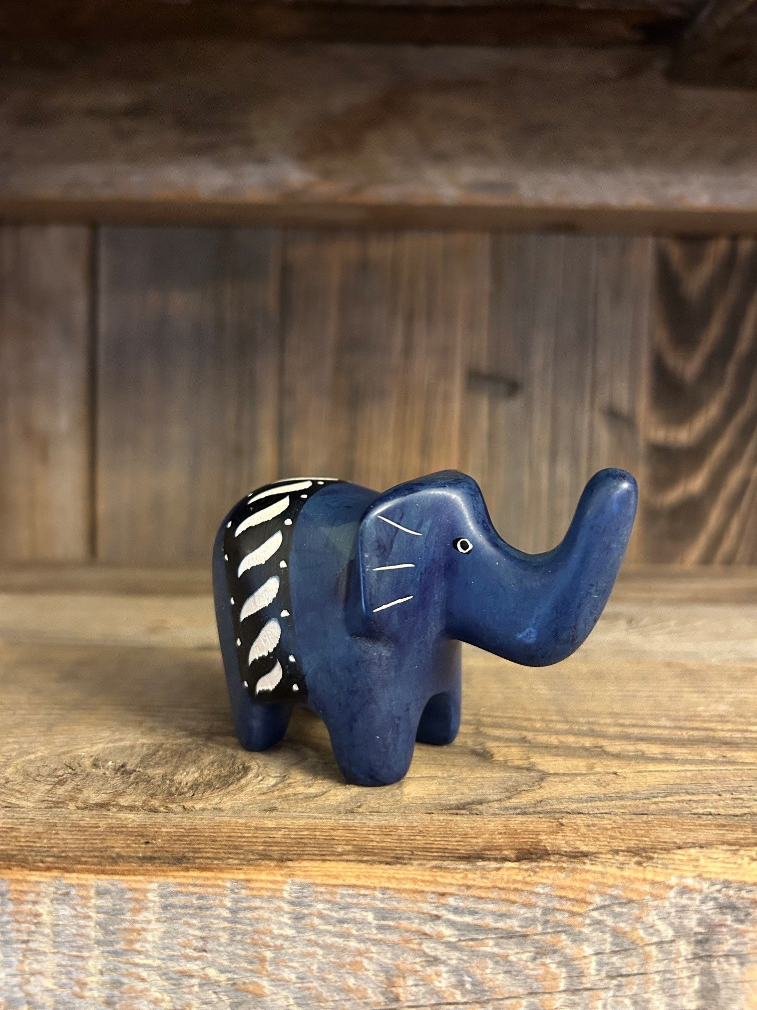 Large Hand-Carved and Etched Soapstone Elephant Blue 32262