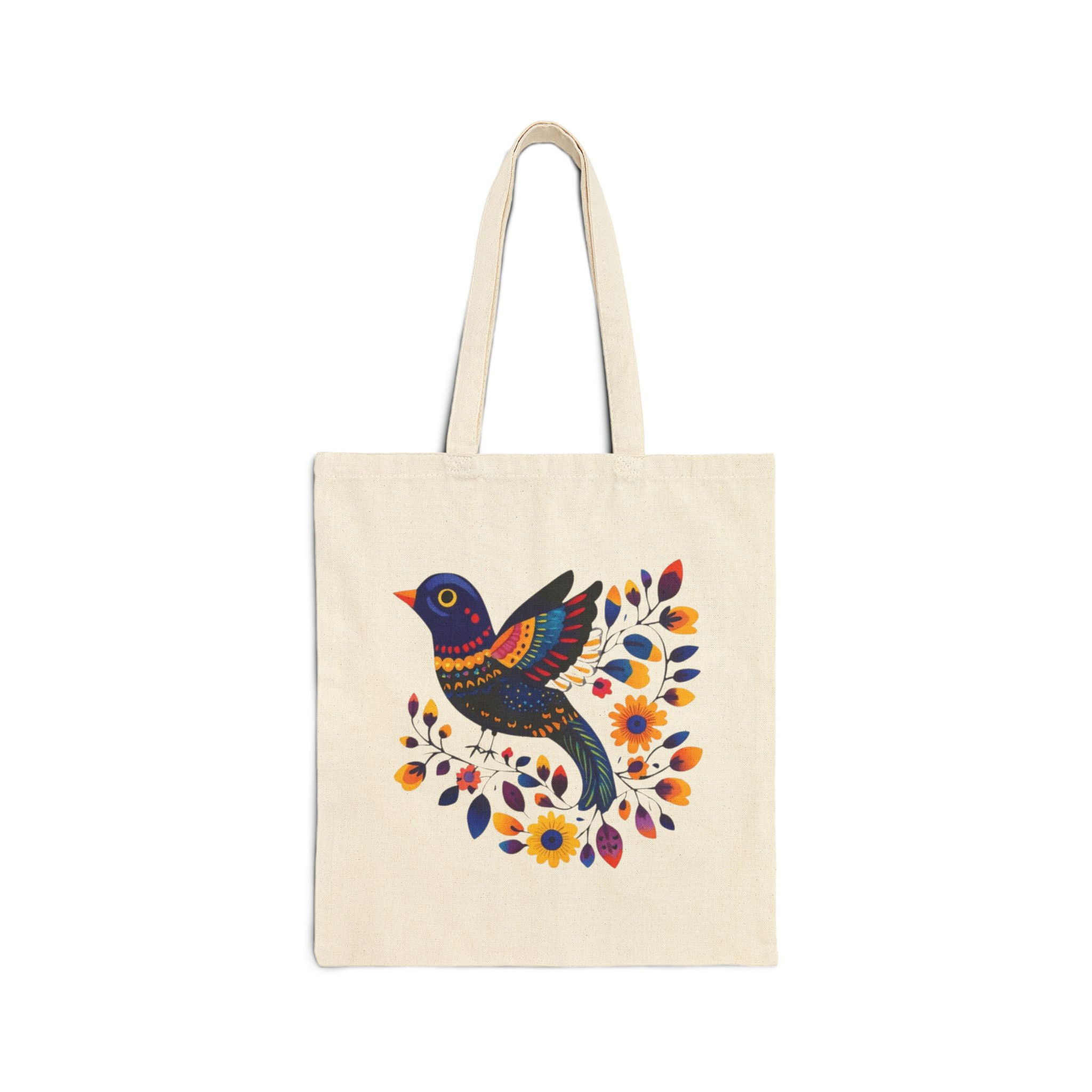 Eco-Friendly Cotton Canvas Tote Bag with Mexican Folk Art Bird