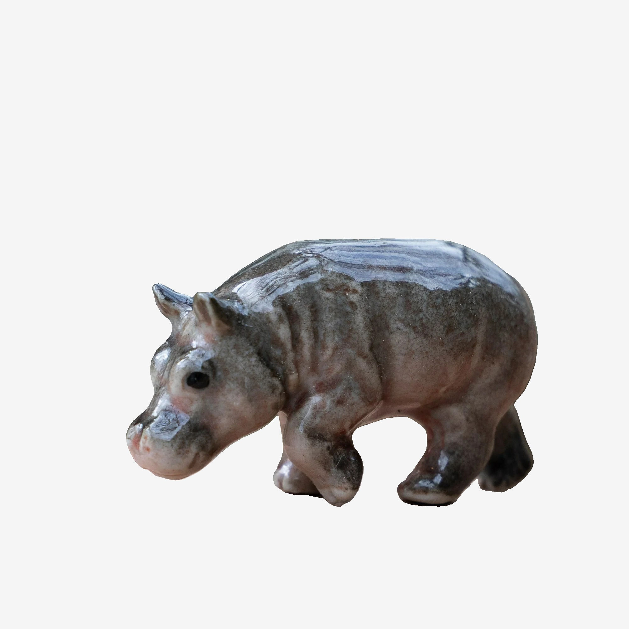 Hand-Painted Miniature Porcelain Hippopotamus Hippo for Dollhouse, Diorama