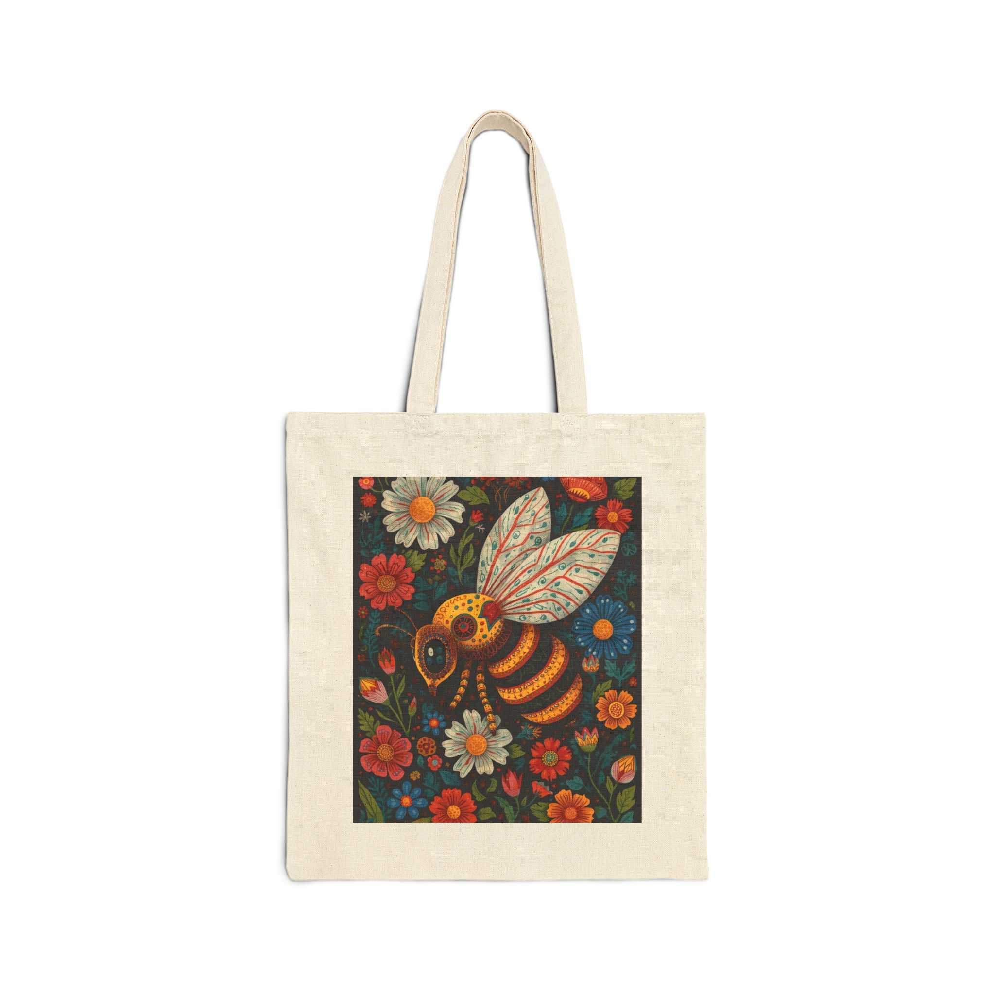 Colorful Natural Cotton Canvas Tote Bag with Alebrije-Style Honey Bee Art