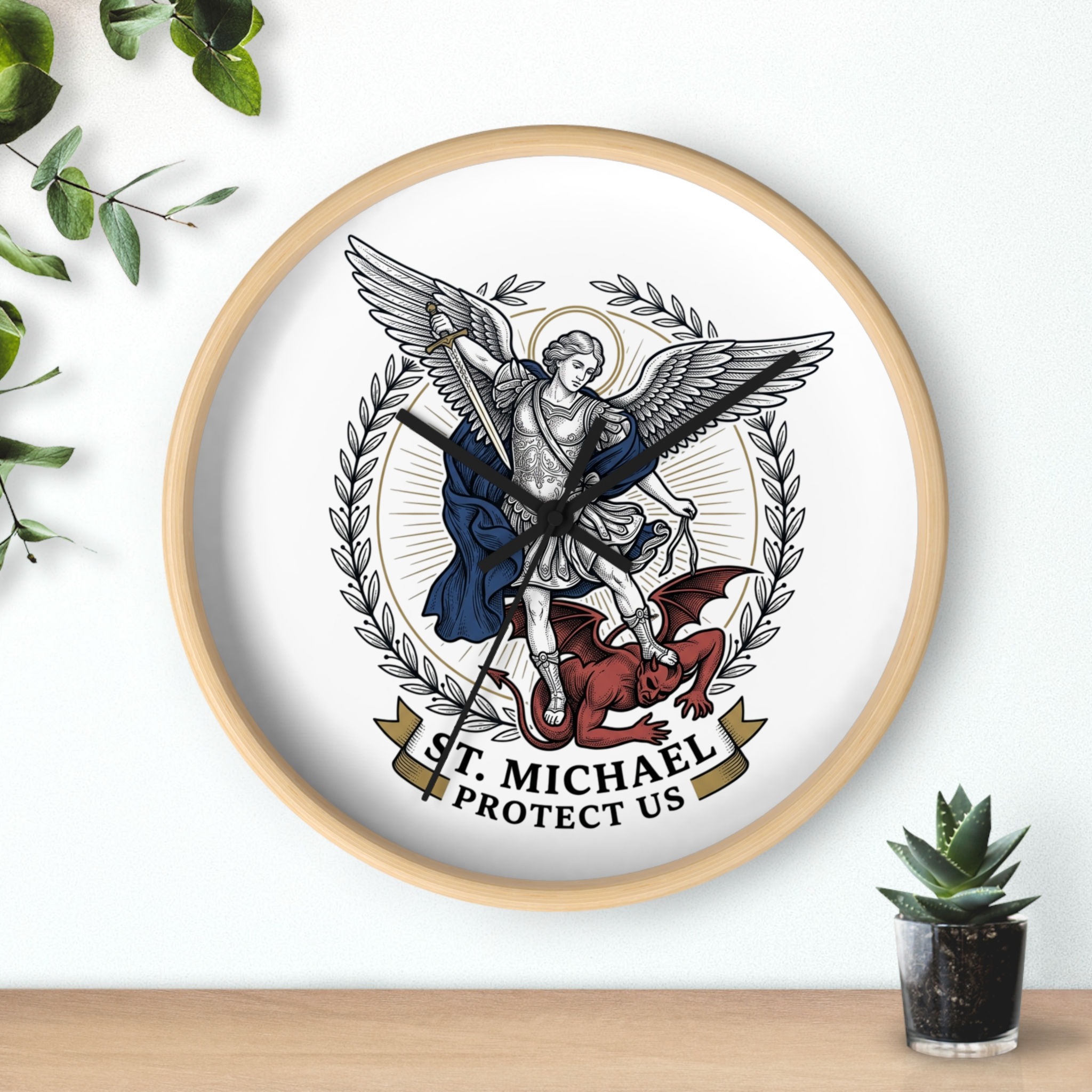 Wall Clock with St. Michael, Patron Saint, Archangel, Protector