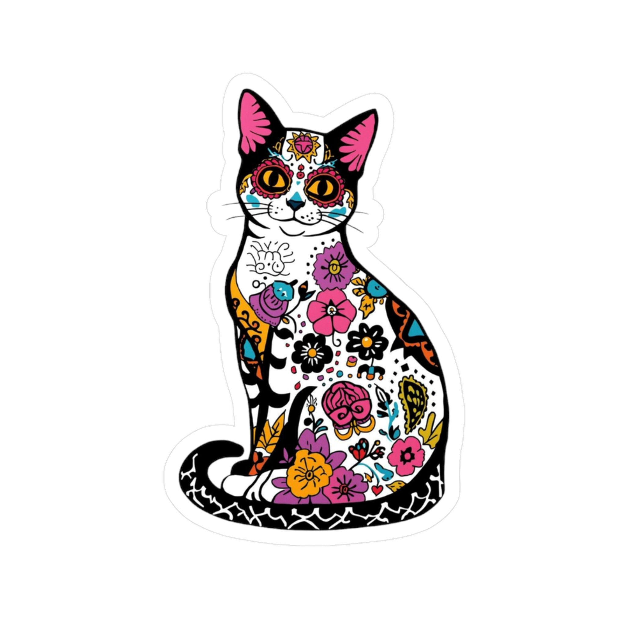Fun and Colorful Vinyl Decal of a Day of the Dead, Dia de los Muertos Tuxedo Cat