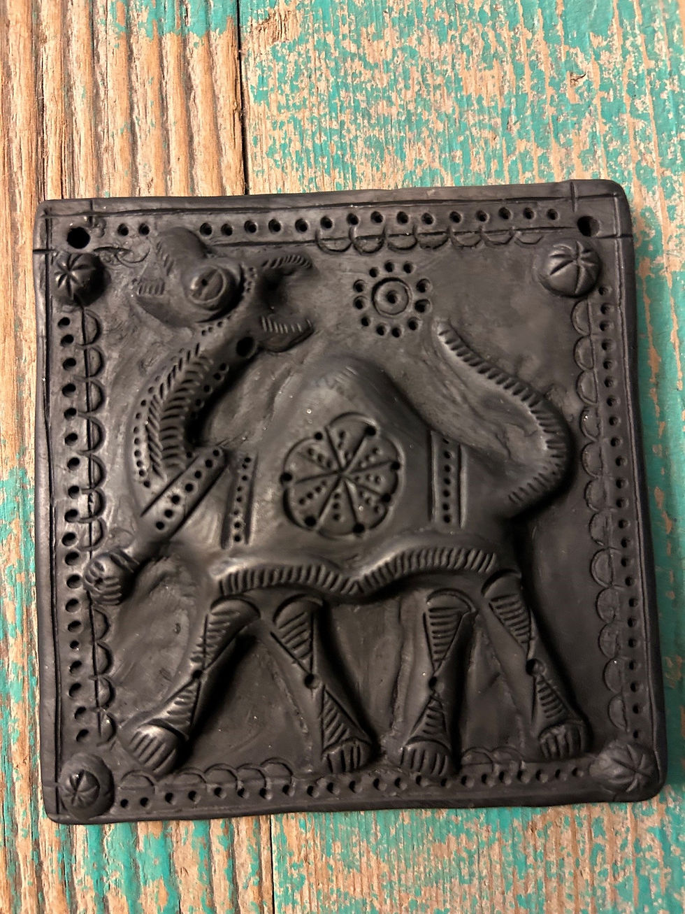 Thumbnail: Vintage Hand-Moulded Black Clay 3.5” Tiles in Ethnic Camel Design 32104