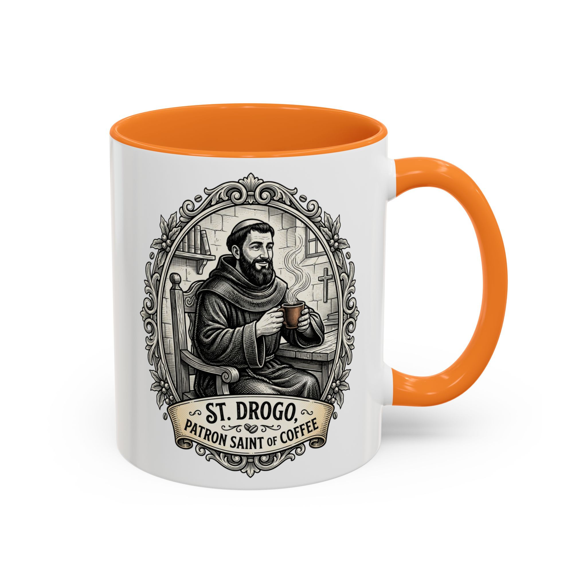 Fun and Colorful Coffee Mug with St. Drogo, Patron Saint of Coffee