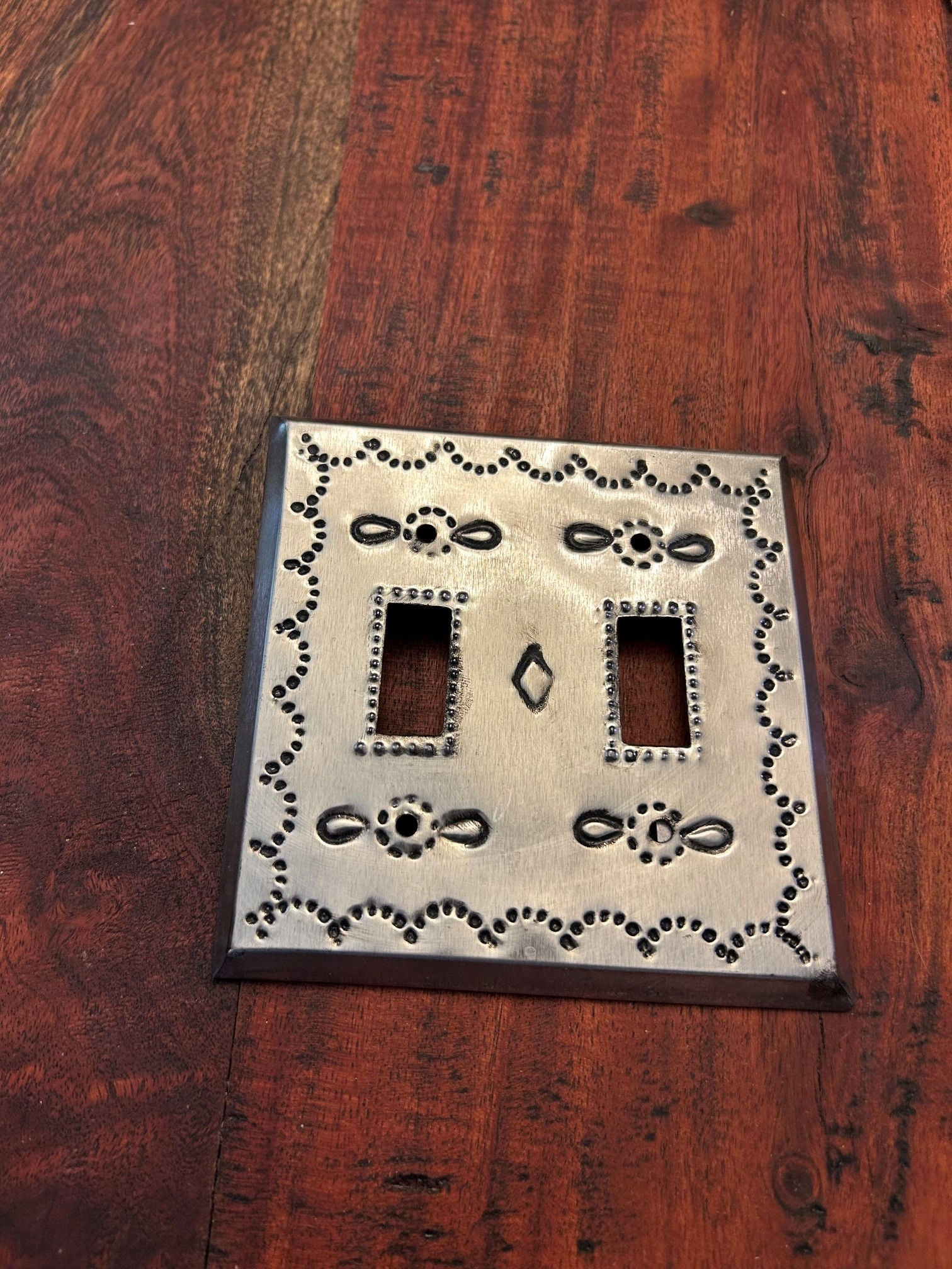 Stamped Tin Double Toggle Light Switch Plate in Antique Silver 31747