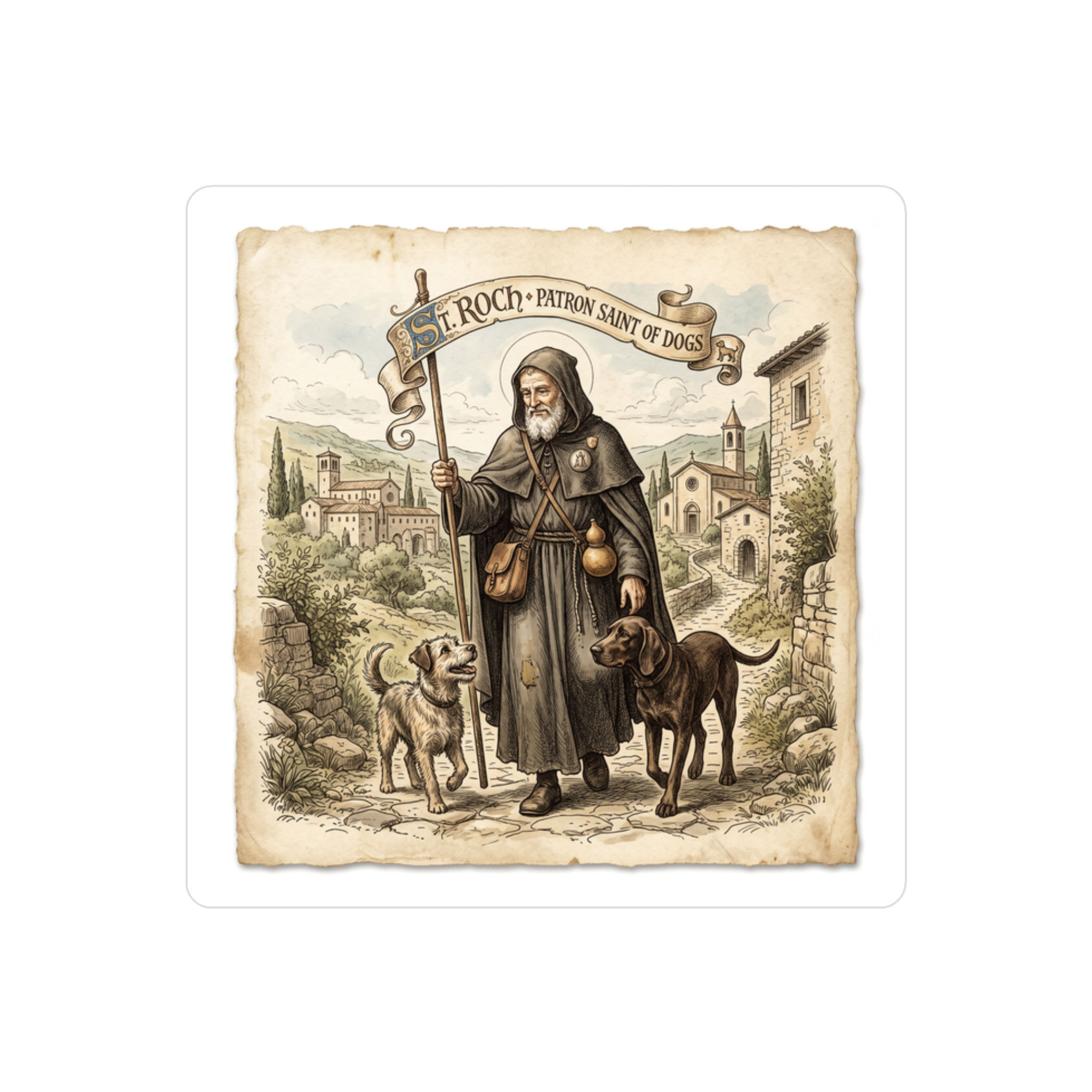 Rustic-Look Vinyl Decal with St. Roch, Patron Saint of Dogs