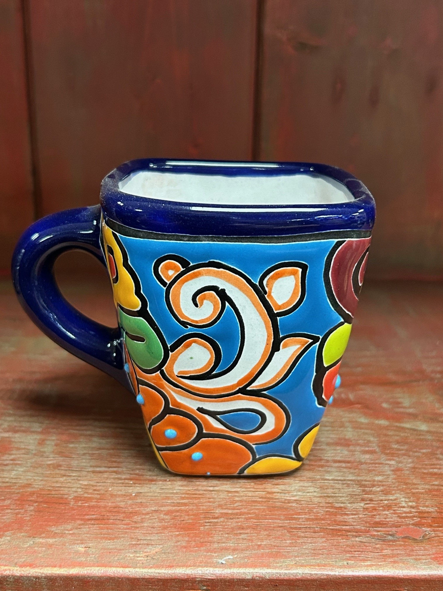 Hand-Painted Talavera Coffee Mug With Squared Shape, Blue 31211