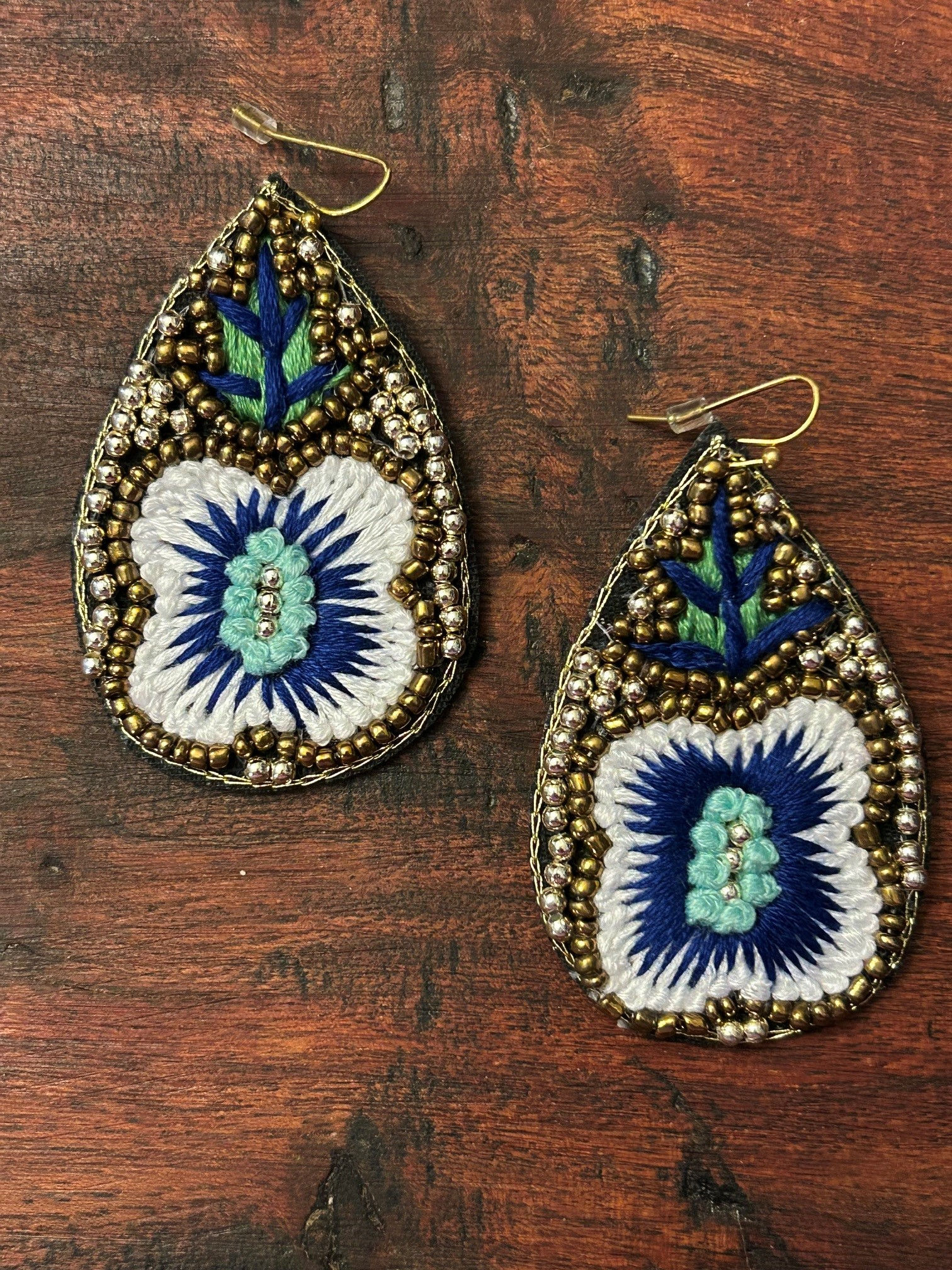 Hand-Beaded and Embroidered Earrings with Pansy Design, Wires 31827