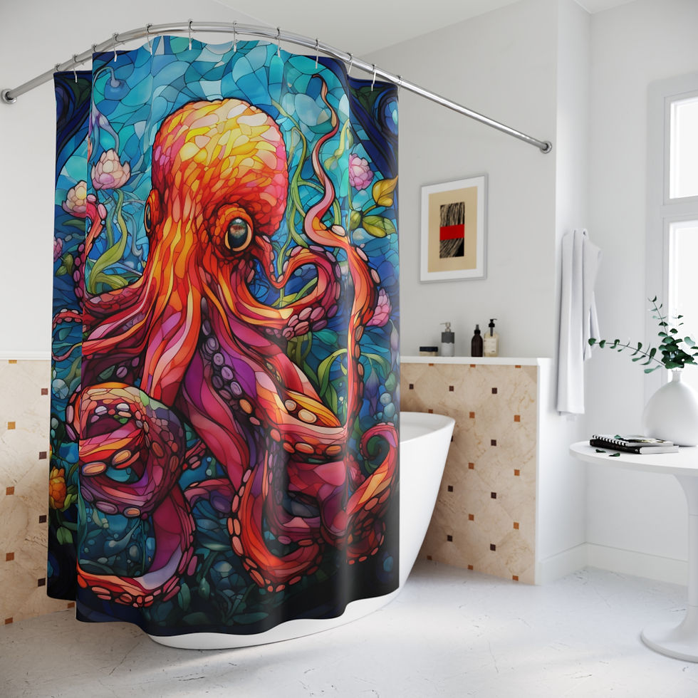 Thumbnail: Stained Glass-Look Shower Curtain with Octopus Art