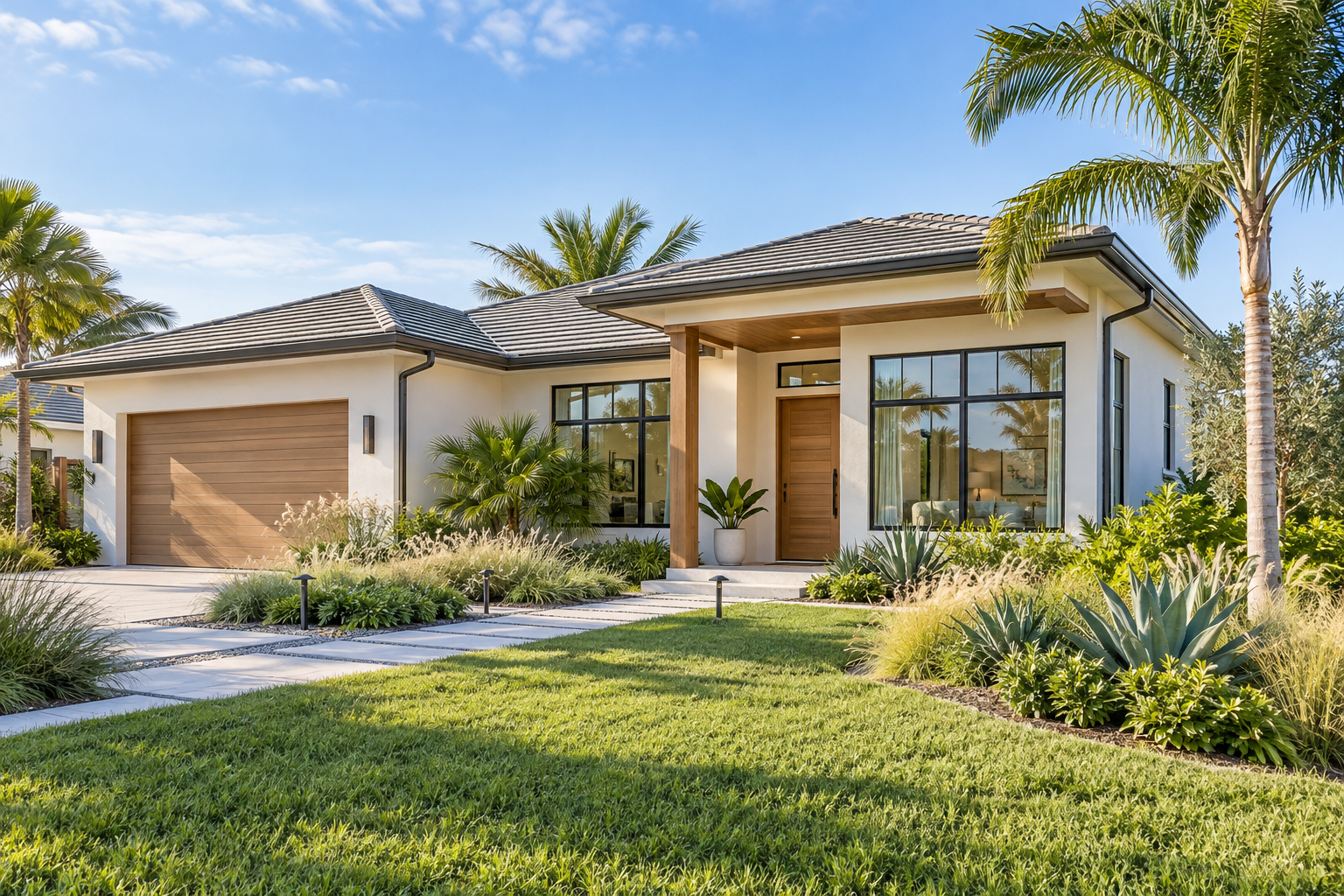 A modern single-story home with light stucco, wood accents, and palm landscaping