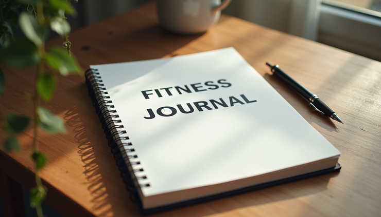 High angle view of a fitness journal and pen on a wooden table