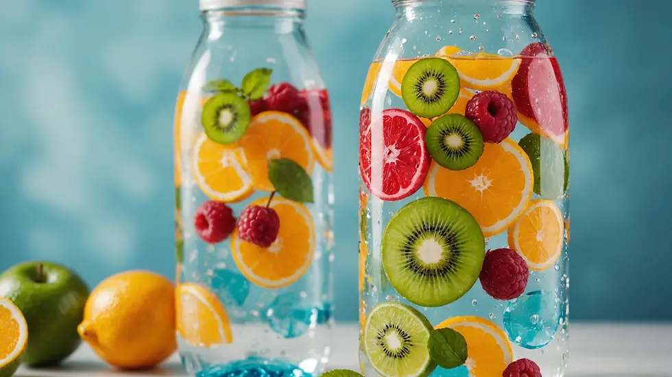 Close-up view of a colorful fruit-infused water bottle
