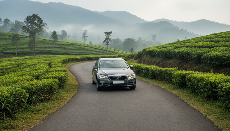 Eye-level view of a premium sedan driving through a green Kerala hillside road