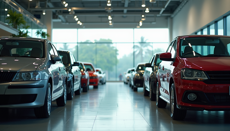 Eye-level view of a car dealership showroom with various cars on display