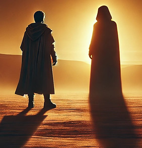 paysage désertique, soleil éclatant à l'horizon, premier plan homme de dos face à grand personnage ombrageux.