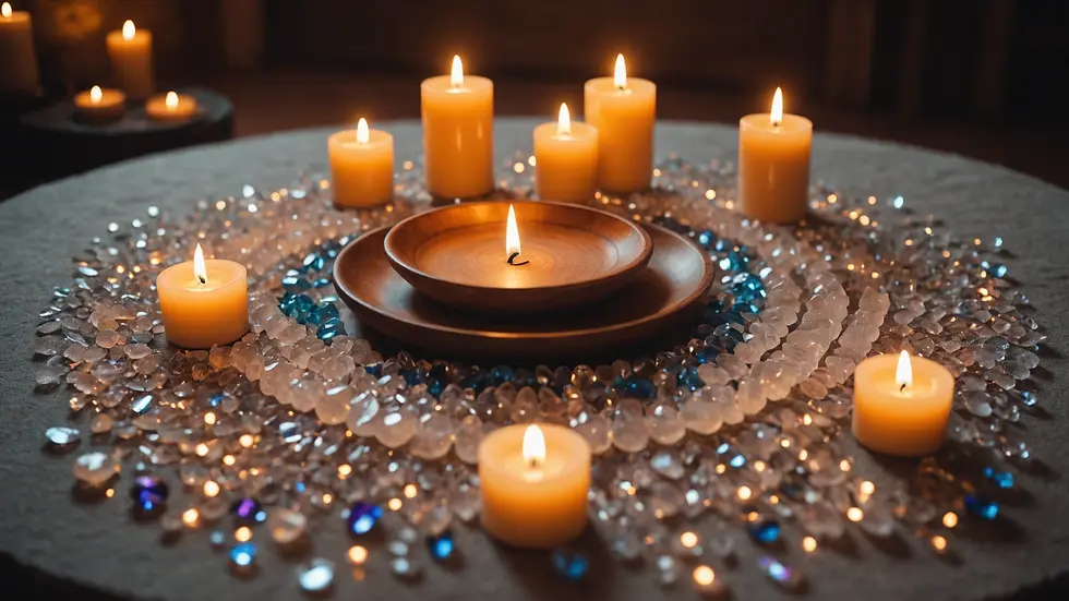 Close-up view of a meditation space, adorned with crystals and candles