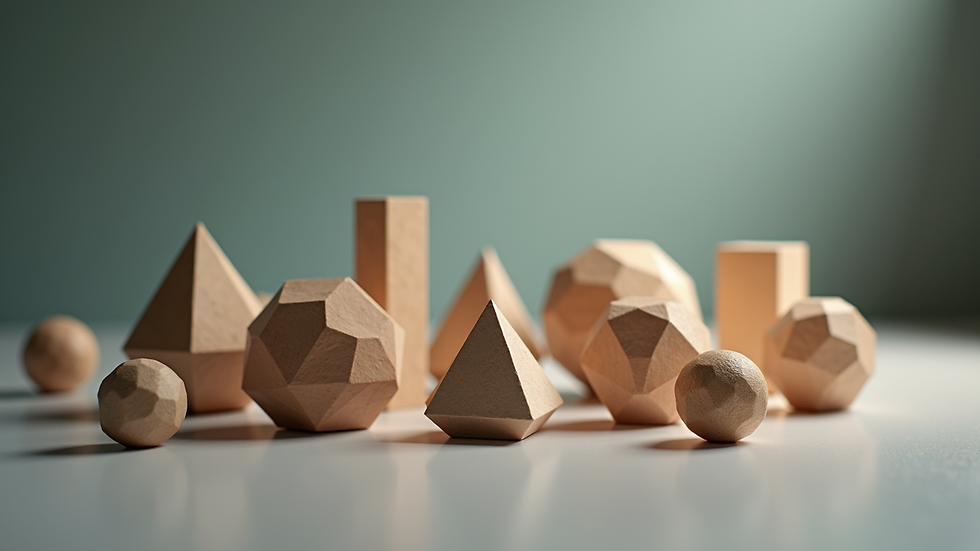 Wide angle view of various Platonic solids displayed together