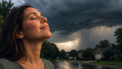Woman smelling the air as a thunderstorm approaches, illustrating the science behind why people can smell rain before it starts.