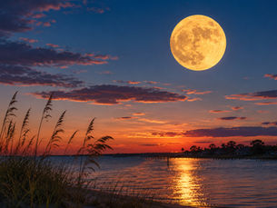 July’s Buck Moon shines over calm coastal waters at sunset with sea oats in the foreground and a colorful twilight sky.