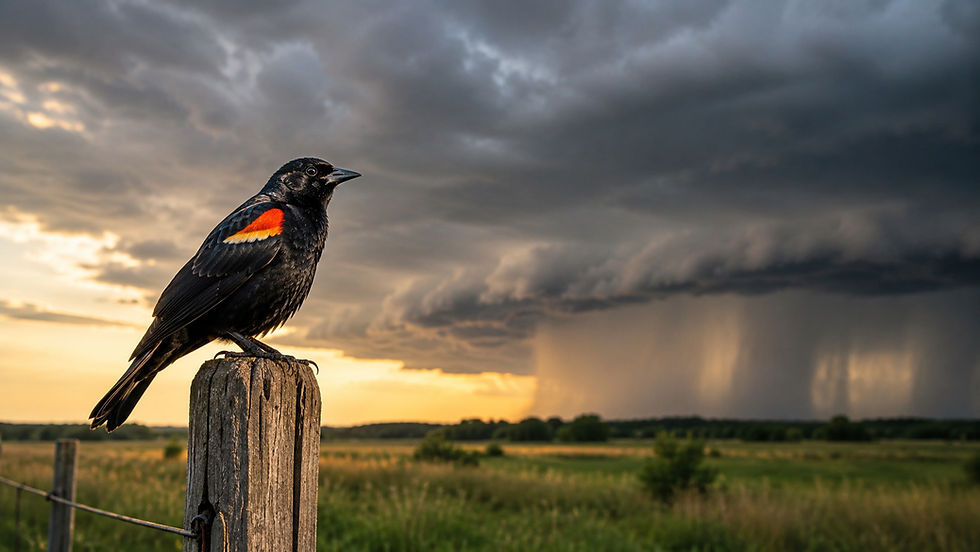 Red-winged blackbird watching an approaching thunderstorm with dark clouds and distant rain in the background, illustrating how birds may sense storms before humans do.