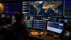 A seismologist studies seismic waveforms and global earthquake activity in a modern earthquake monitoring center while tracking multiple earthquakes around the world.