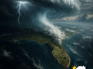 Satellite view of an atmospheric river streaming across the Gulf of Mexico toward Florida, with dense storm clouds, heavy rainfall, and lightning visible from space.