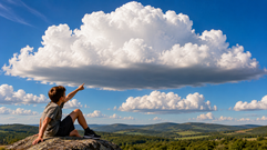 A boy looking at the clouds wondering why the bottoms are flat.