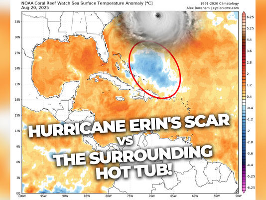 NOAA sea surface temperature anomaly map of Hurricane Erin’s scar, a cold wake north of the Caribbean, contrasted with record hot waters across the Atlantic and Gulf.