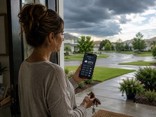 Woman standing in her doorway checking a phone showing a 40% chance of rain while dark clouds gather outside.
