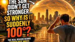A man wipes sweat from his forehead while looking toward a city that appears trapped beneath a giant transparent glass dome on a blazing summer day, illustrating the mystery behind what causes summer heat waves.