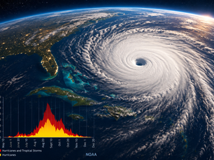 A dramatic satellite view of a powerful hurricane swirling over the Atlantic Ocean near Florida and the Bahamas at sunrise. A subtle hurricane season activity graph is blended into the lower corner, illustrating the annual peak in tropical cyclone activity during late August and September.