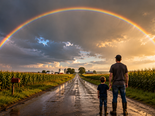 A parent and child stand on a quiet country road looking toward a brilliant rainbow stretching across green hills after a summer rain, illustrating why you can never reach the end of a rainbow.